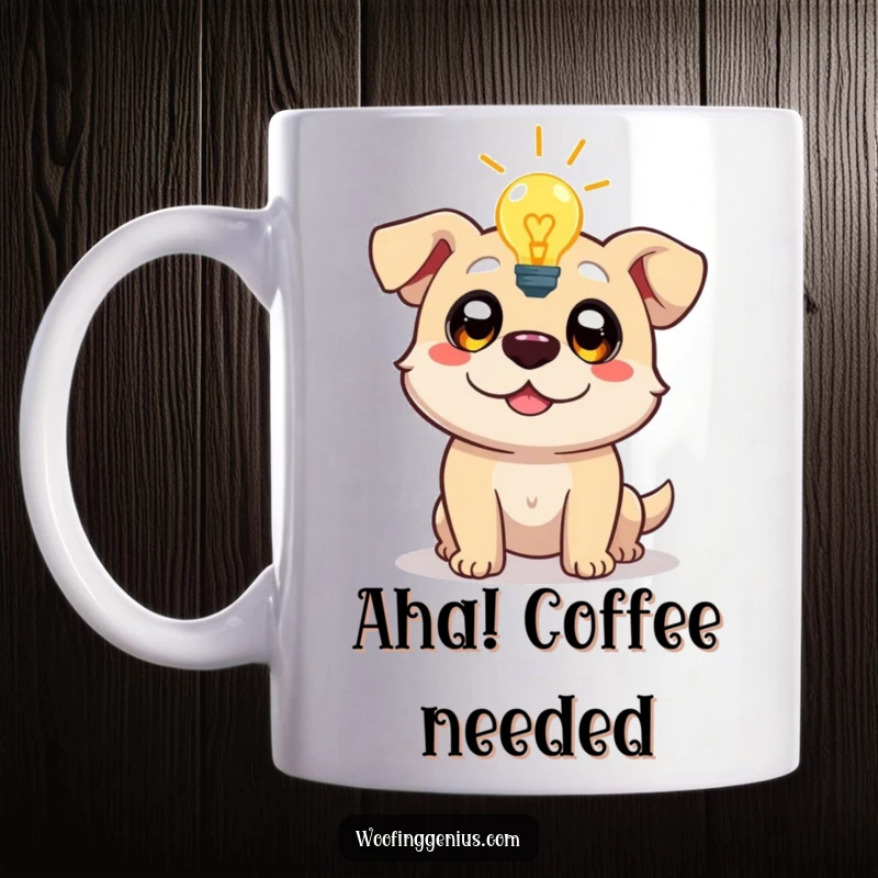 Funny mug with a dog character experiencing a lightbulb moment, eyes wide with inspiration, symbolizing a great idea or epiphany.