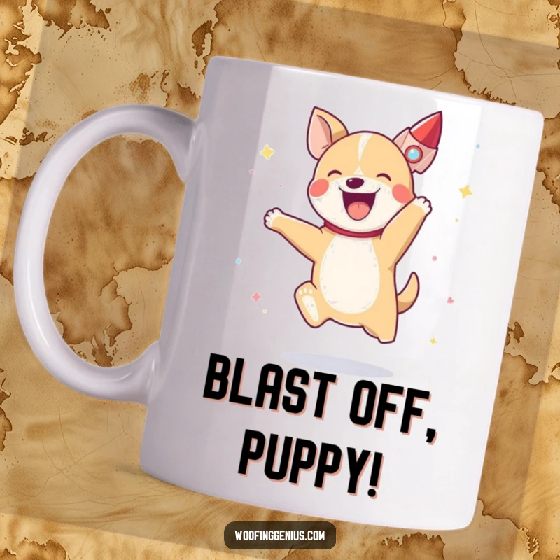 Funny, joyful dog mid-air jump, with a small, colorful rocket ship blasting off behind it, conveying excitement.