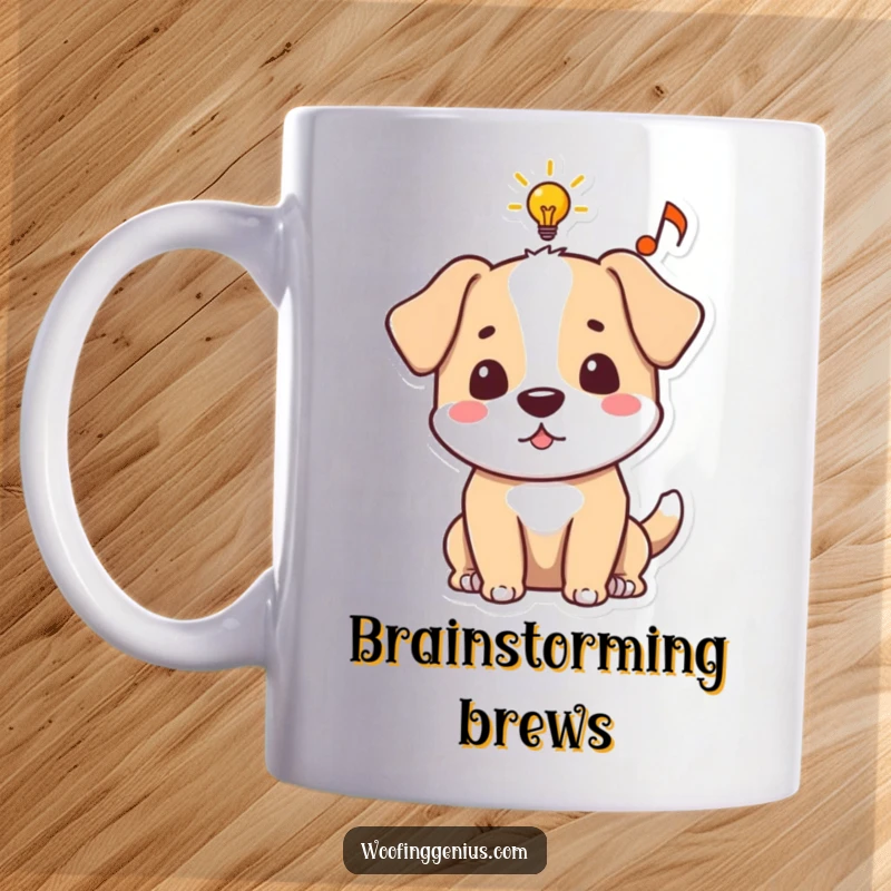Funny dog mug with a lightbulb and musical note in an idea bubble, symbolizing creative inspiration and genius.