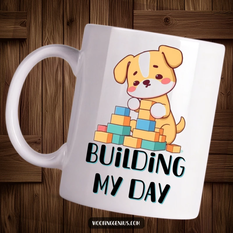 Funny Mug: Dog meticulously arranging building blocks into a towering structure, showcasing intelligence and humor.