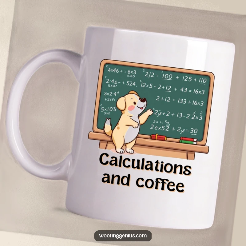 Funny dog mug showing a dog excitedly pointing at complex mathematical equations on a chalkboard.