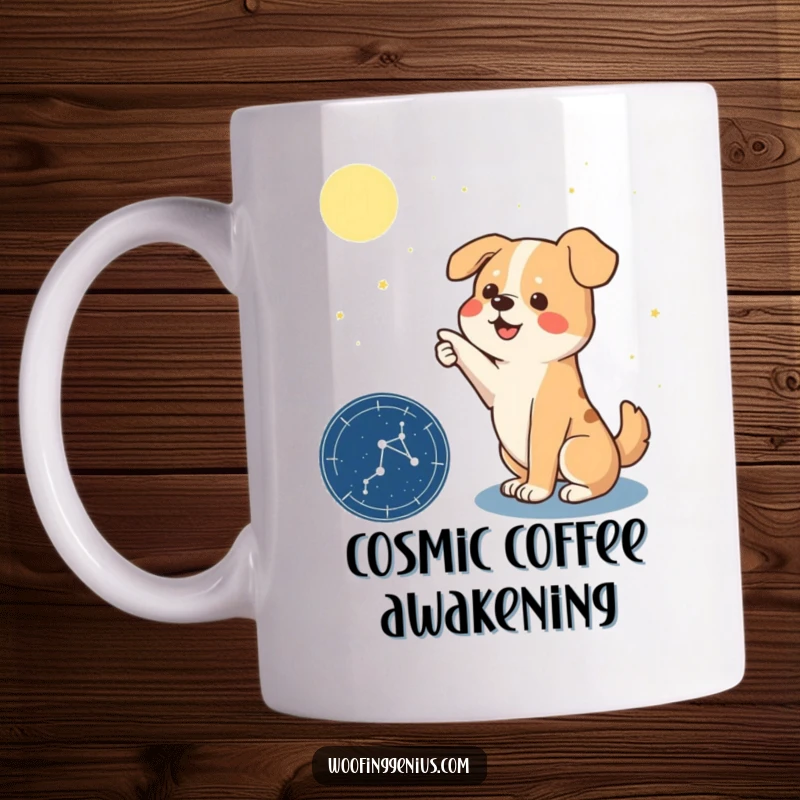 Funny mug with a theatrical dog pointing a paw at a detailed constellation on a star chart, looking up with wonder.