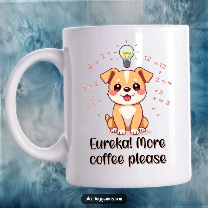 Funny dog mug with a dog amidst floating equations, a bright lightbulb glowing above signaling an idea.