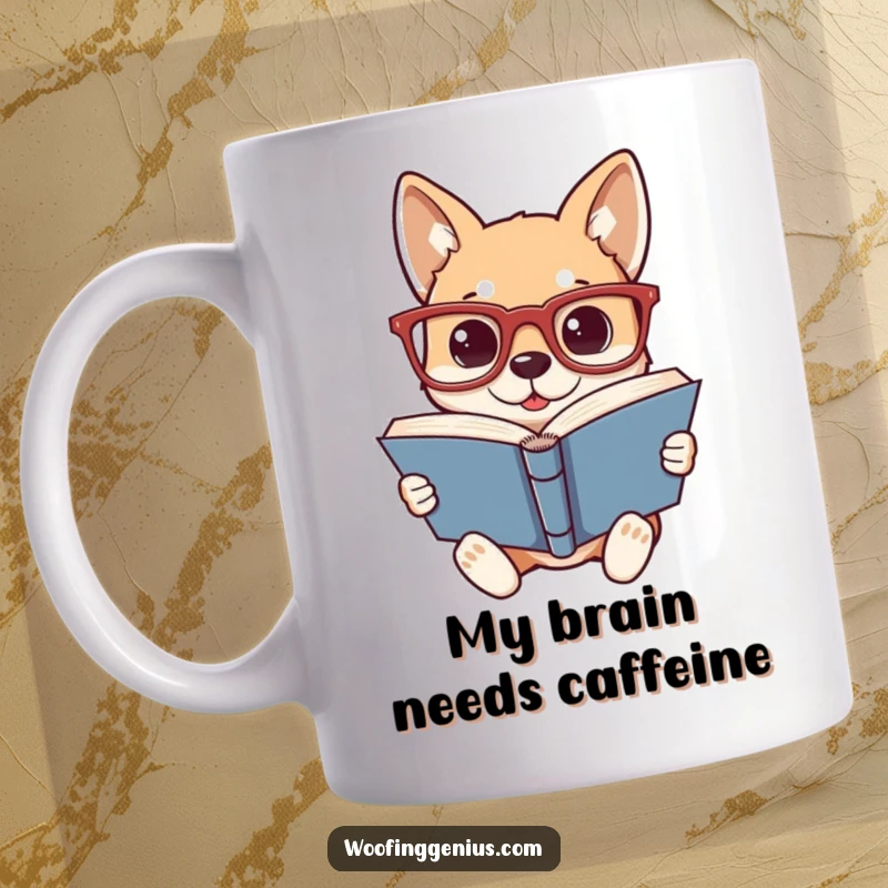 Funny mug showing an intelligent dog wearing oversized glasses, engrossed in reading a thick book, exuding academic charm.