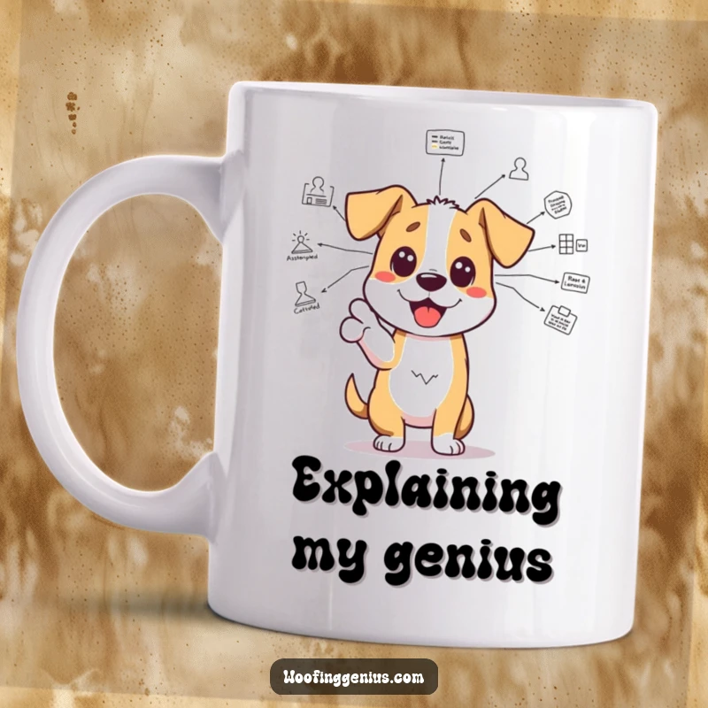 Funny brainy dog mug: an excited dog gestures with its paw towards a complicated diagram, showcasing intelligence and eagerness.