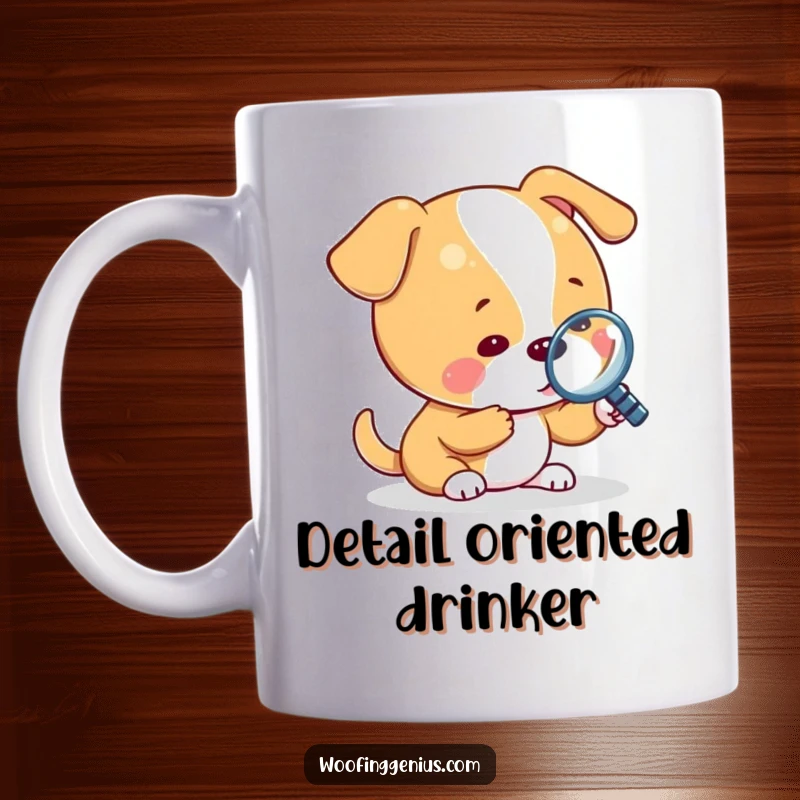 Funny mug featuring a dog using a magnifying glass to inspect a very tiny object with intense focus.