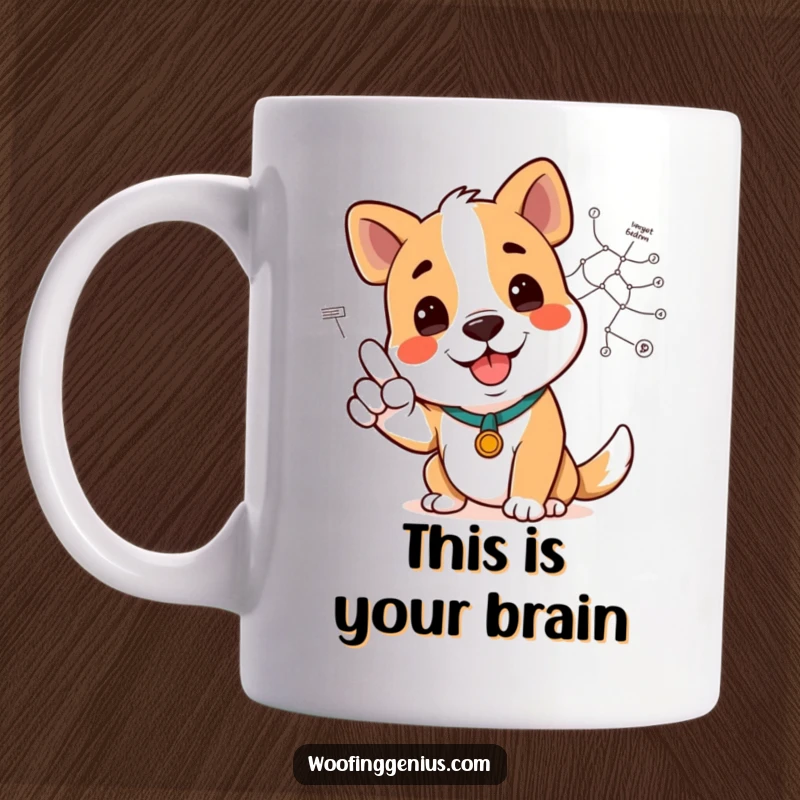 Funny dog character smiling and pointing to a complex diagram with its paw, illustrating clarity and humor.