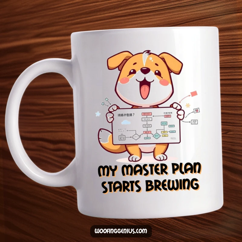 Funny dog character with a wagging tail enthusiastically presenting a complicated flowchart, perfect for canine logic enthusiasts.