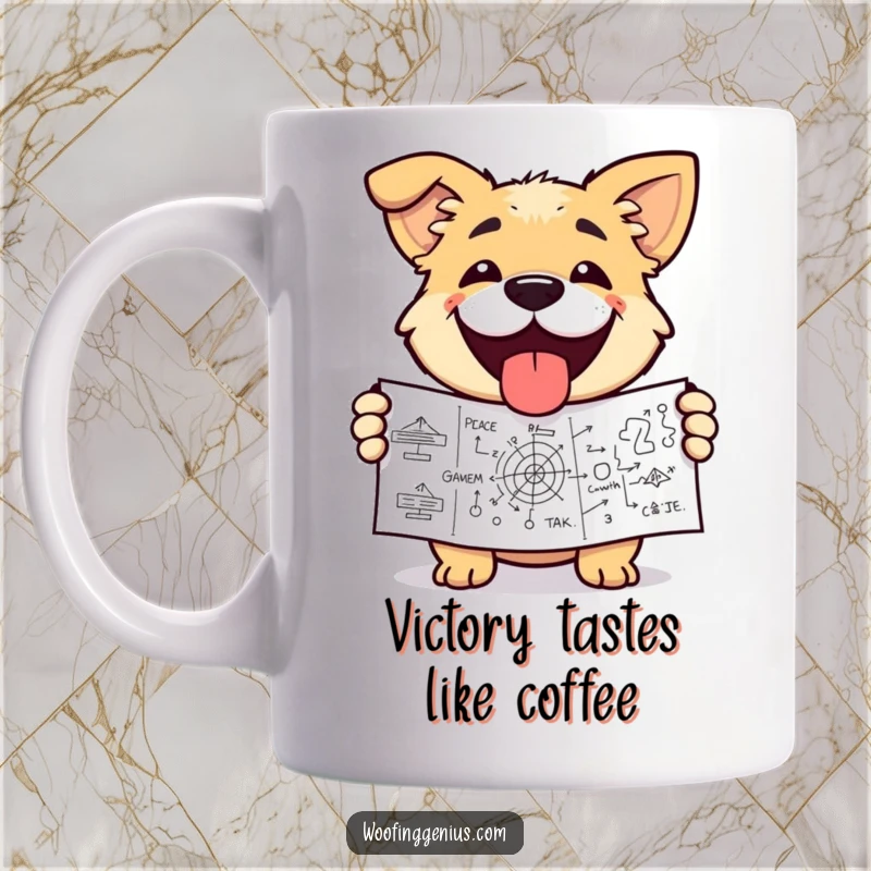 Funny dog mug with a dog proudly grinning, holding up a complex, solved diagram. Represents achievement and intelligence.