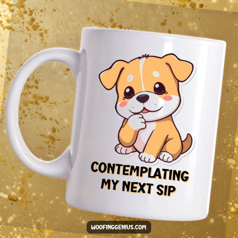 Funny dog mug with a dog tapping its chin with a paw, deep in thoughtful contemplation. Expresses intelligence.