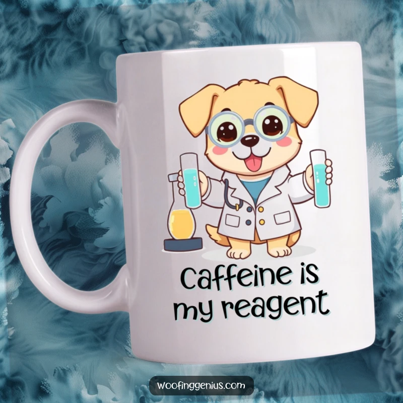 Funny mug showing a dog wearing a lab coat and holding test tubes, looking like a scientist.