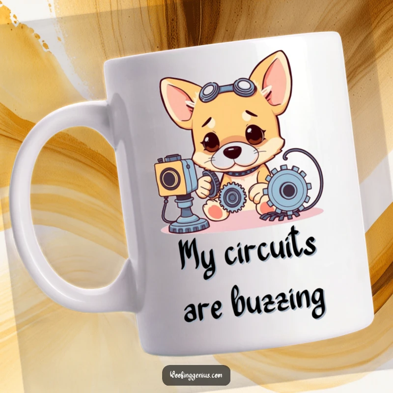 Funny mug featuring a cute dog intently working on gears and wires, looking like a mechanical genius.