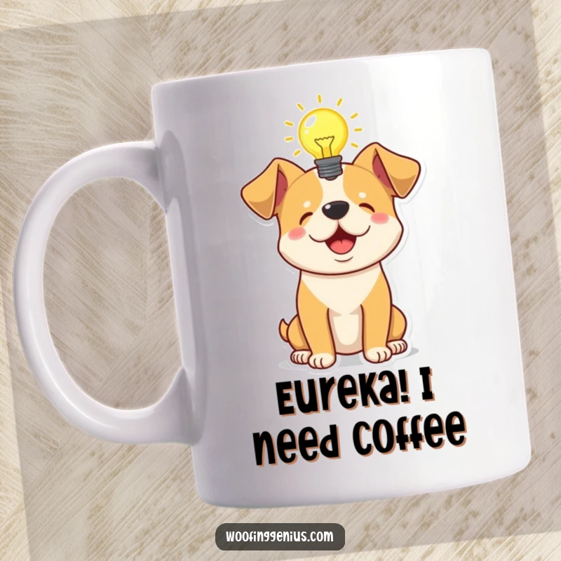 Funny mug showcasing a dog with a glowing lightbulb above its head, symbolizing a sudden brilliant idea or innovation.