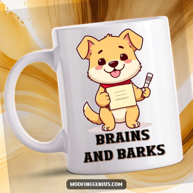 Funny proud dog with a diploma, showcasing a new invention with a smug, intelligent expression, perfect for a smart pet owner.