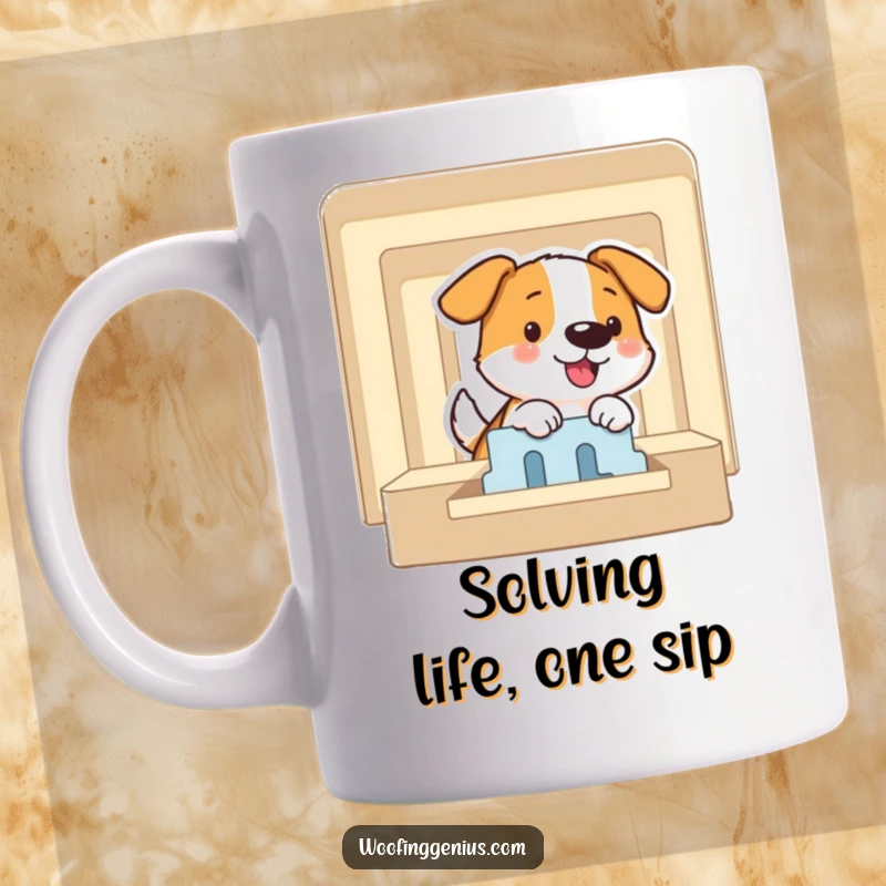 Funny mug showing a happy dog expertly navigating and solving a complex maze, symbolizing intelligence and problem-solving skills.