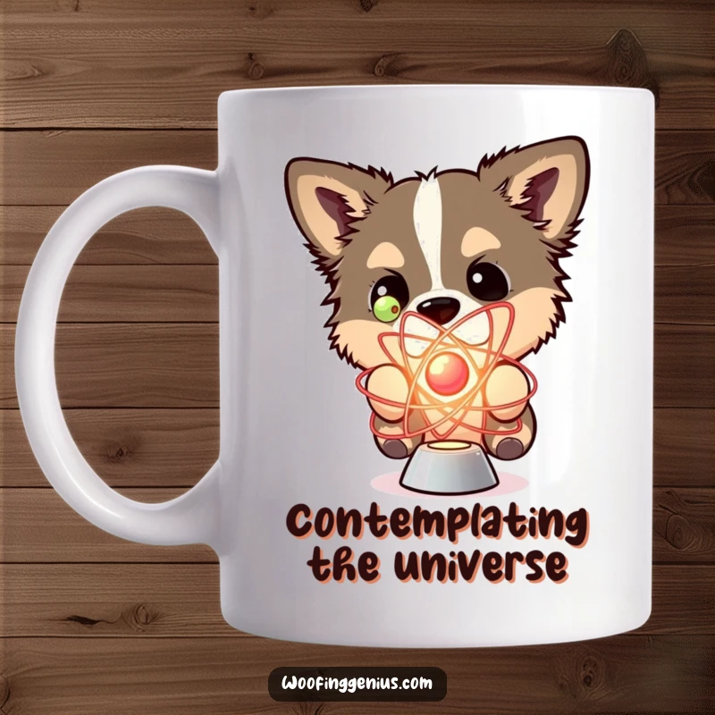 Funny mug showing a curious dog intently examining a model of a spinning atom.