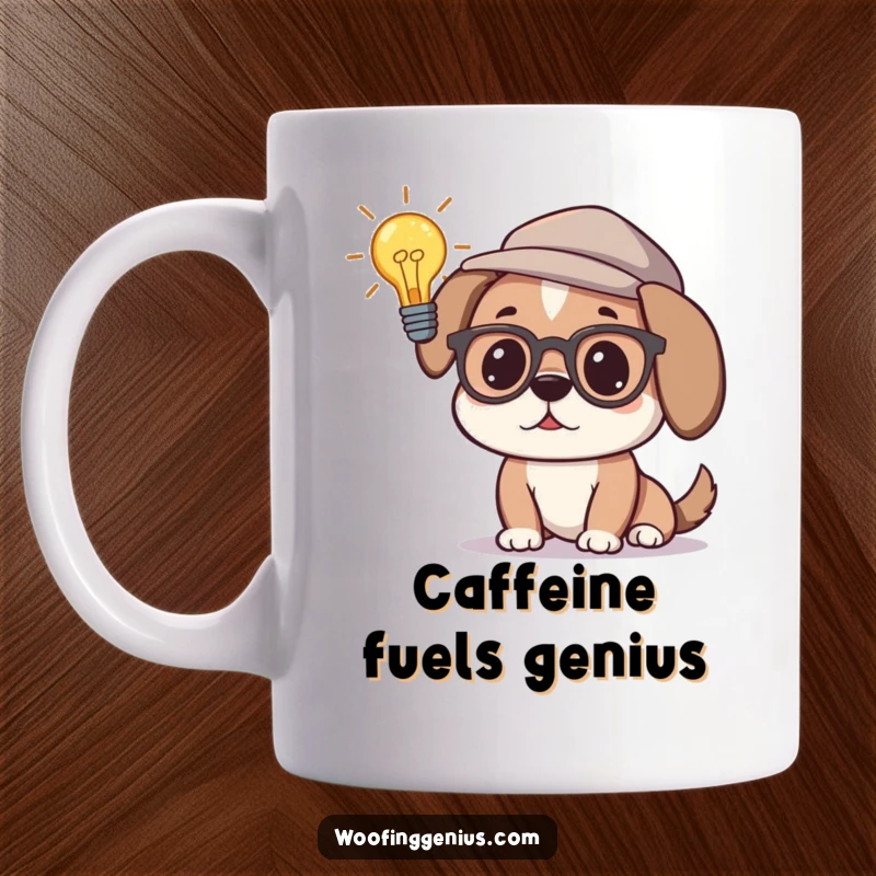 Funny mug with a dog wearing glasses and a thinking cap, looking at a lit lightbulb, symbolizing a moment of brilliant inspiration.