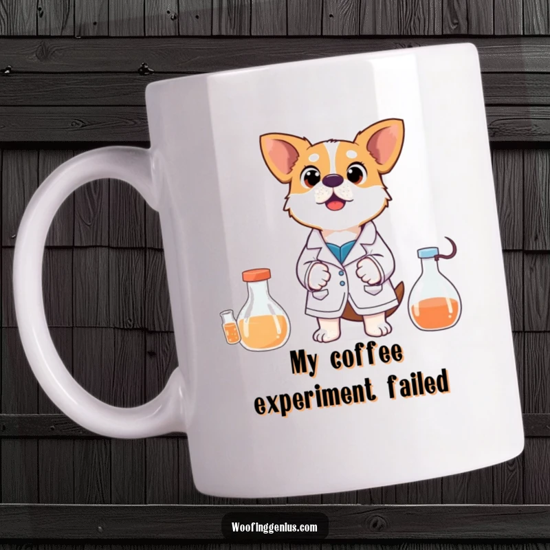 Funny Mug: A dog in a lab coat looks utterly surprised by a chaotic experiment, showcasing a humorous scientific reaction.
