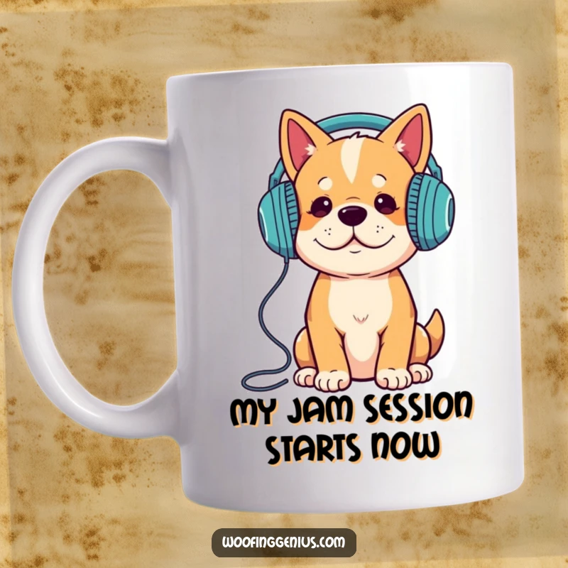 Funny dog wearing large headphones, intensely listening to music with eyes closed, looking cool on a coffee mug.