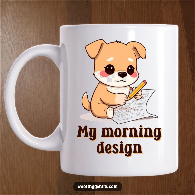 Funny mug depicting a dog wearing glasses and sketching complex blueprints with a tiny pencil, highlighting creativity and meticulous design.