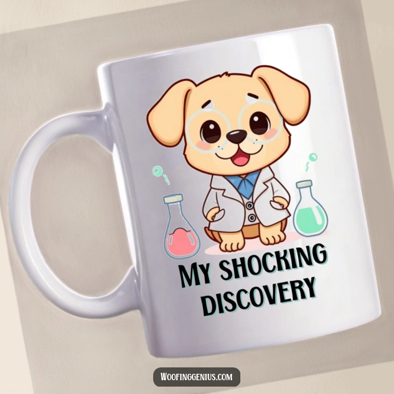 Funny mug with a dog in a lab coat looking utterly surprised by a chemistry experiment, capturing a moment of unexpected scientific discovery.