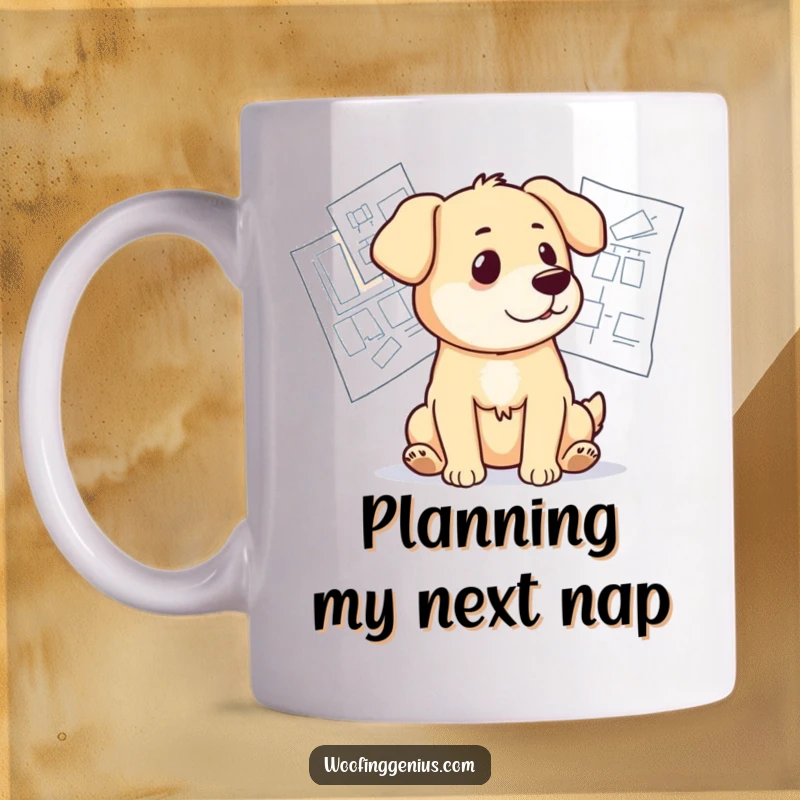 Funny mug showing a thoughtful dog pondering over spread-out blueprints, contemplating a grand design.