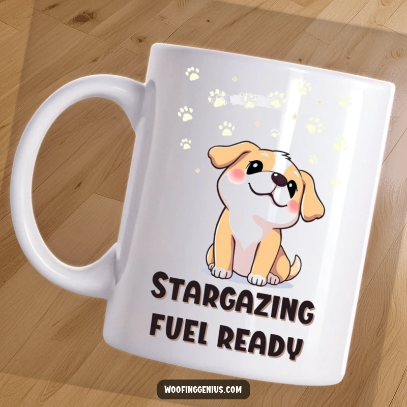 Funny dog gazing intently at a sky filled with paw print constellations, symbolizing love for dogs. Great funny gift mug.