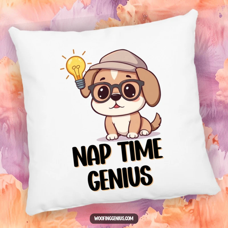 Funny pillow with a design of an intelligent dog in glasses and a thinking cap, pondering a lightbulb, bringing a comical and thoughtful touch.
