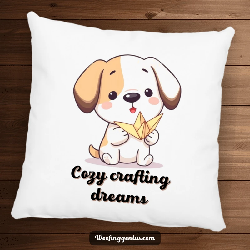 Funny origami dog pillow: a proud dog presents a small, folded paper crane, offering comfort and artistic serenity.