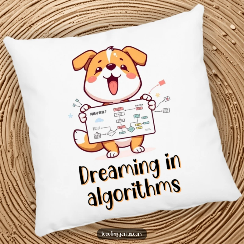 Funny dog character with a wagging tail relaxing on a pillow, presenting a complex flowchart with a cheerful expression.