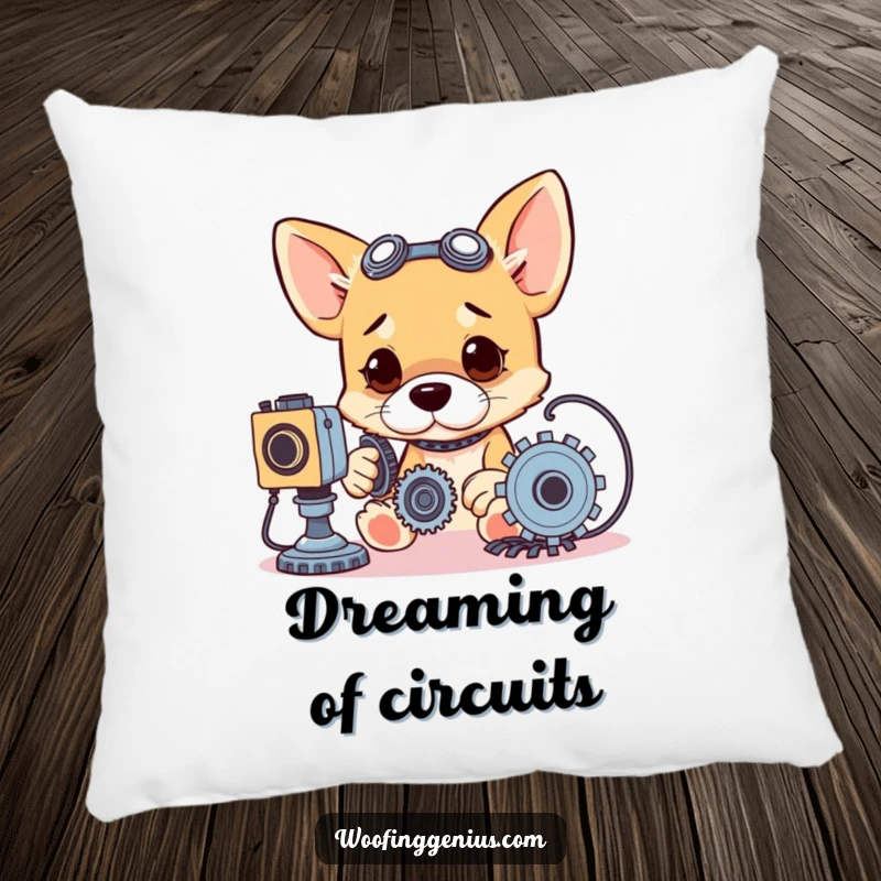 Funny pillow with a cute dog as an engineer, surrounded by gears and wires, looking smart.