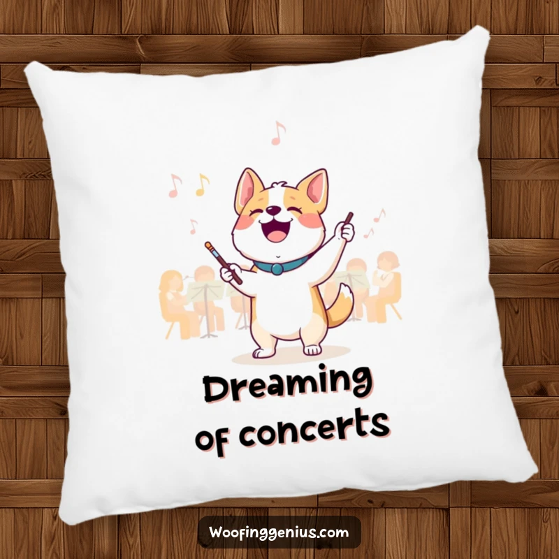 Funny conductor dog pillow: a joyful dog leads an invisible orchestra with a tiny baton, offering comfort and musical humor.