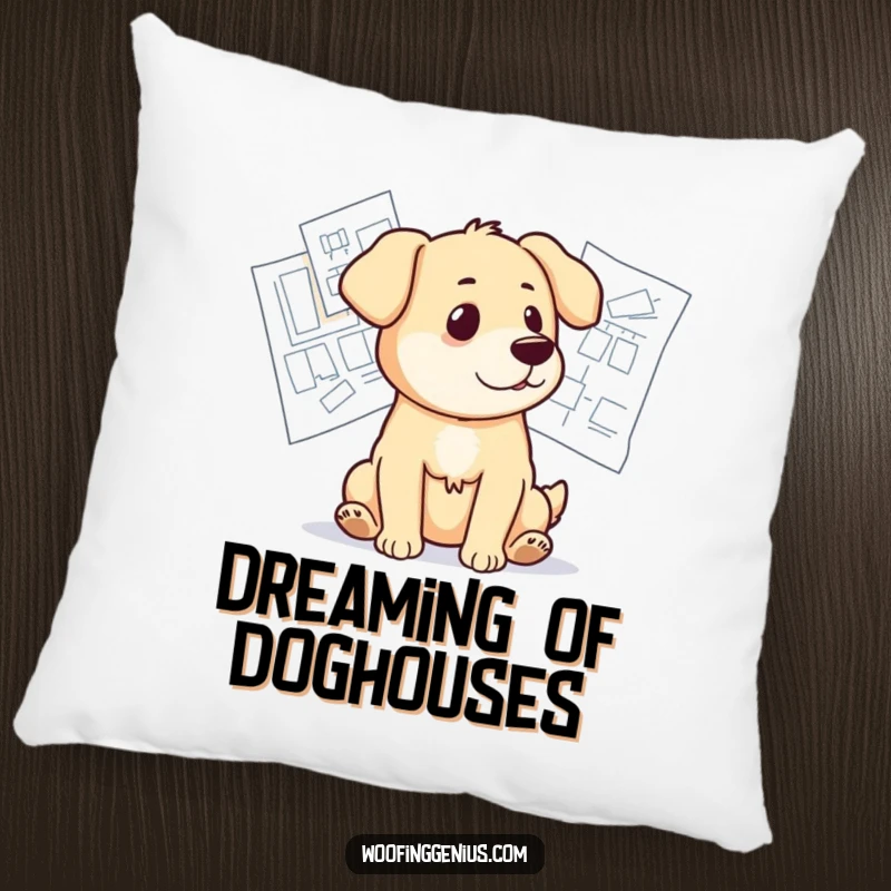 Funny pillow design of a dog looking thoughtfully at blueprints, symbolizing contemplation and architectural design.