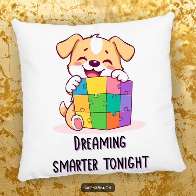 Funny pillow showcasing an intelligent dog focused on solving a colorful puzzle cube, adding a touch of whimsy and smarts.