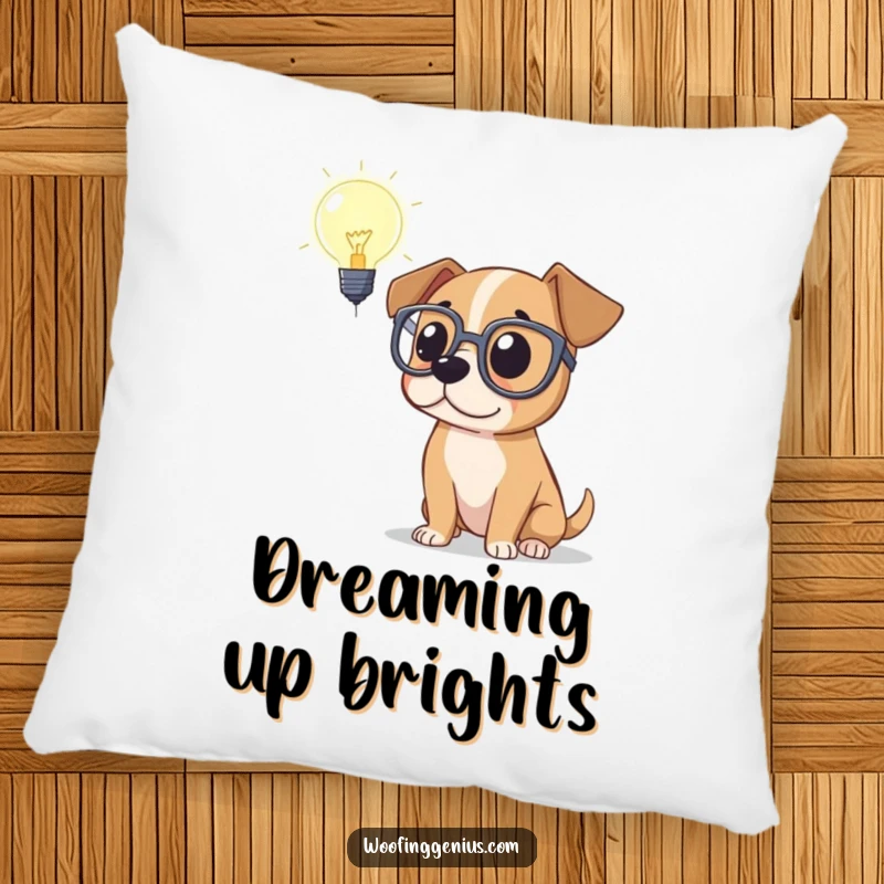 Funny pillow design featuring a wise dog in spectacles contemplating a lightbulb, bringing a sense of intelligent humor to your decor.