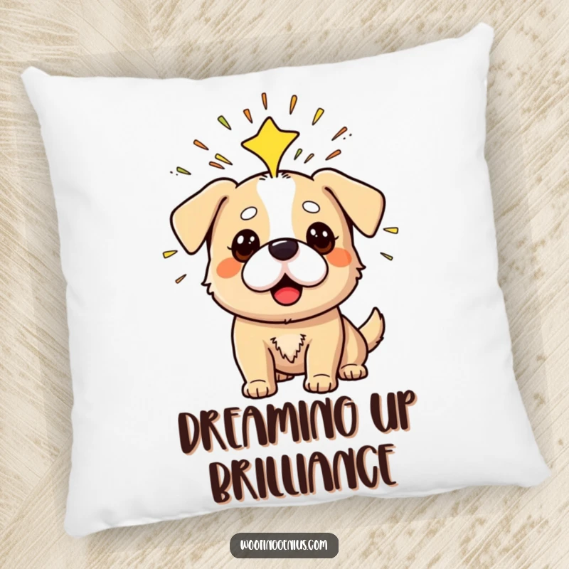 Funny pillow showing a dog having a Eureka moment with sparks radiating from its head.