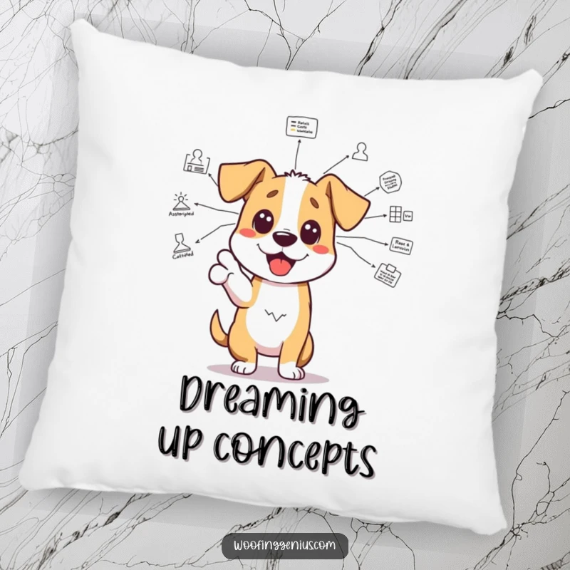 Funny genius dog pillow: an excited dog points to a complex diagram, offering comfort and a dose of intellectual humor.