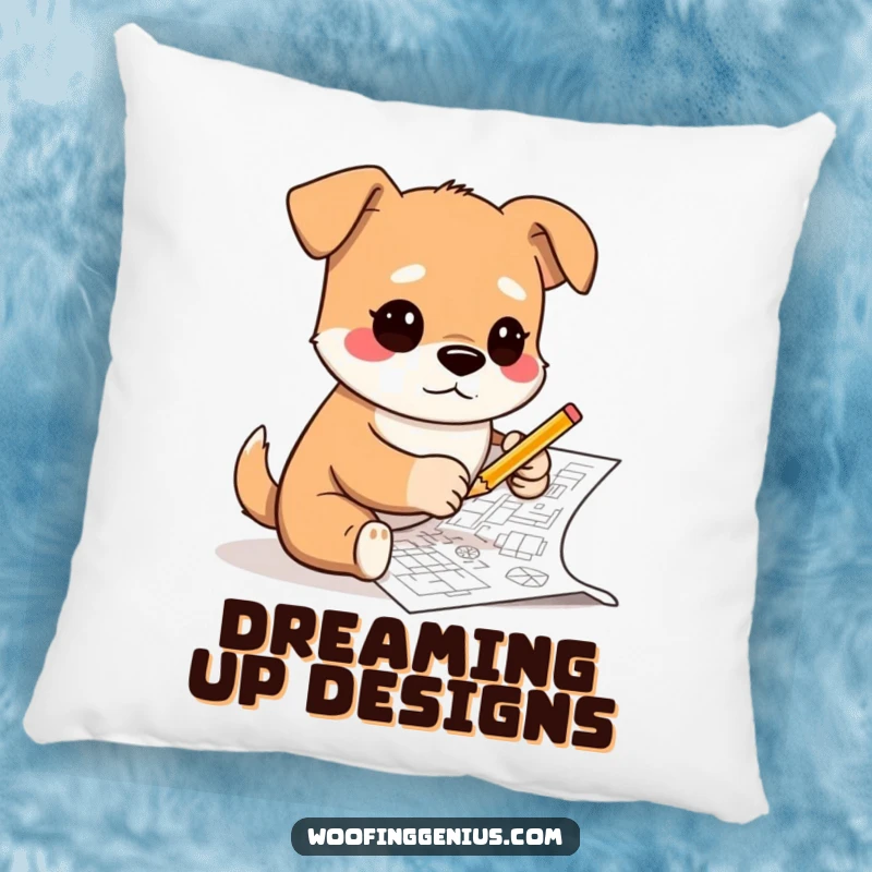 Funny pillow featuring an artistic dog sketching complex blueprints with a tiny pencil, bringing a comical and creative touch to any space.