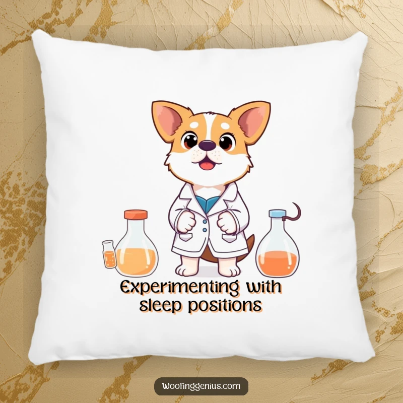 Funny Pillow: A dog in a lab coat shows extreme surprise at a chaotic experiment, representing a humorous scientific reaction.