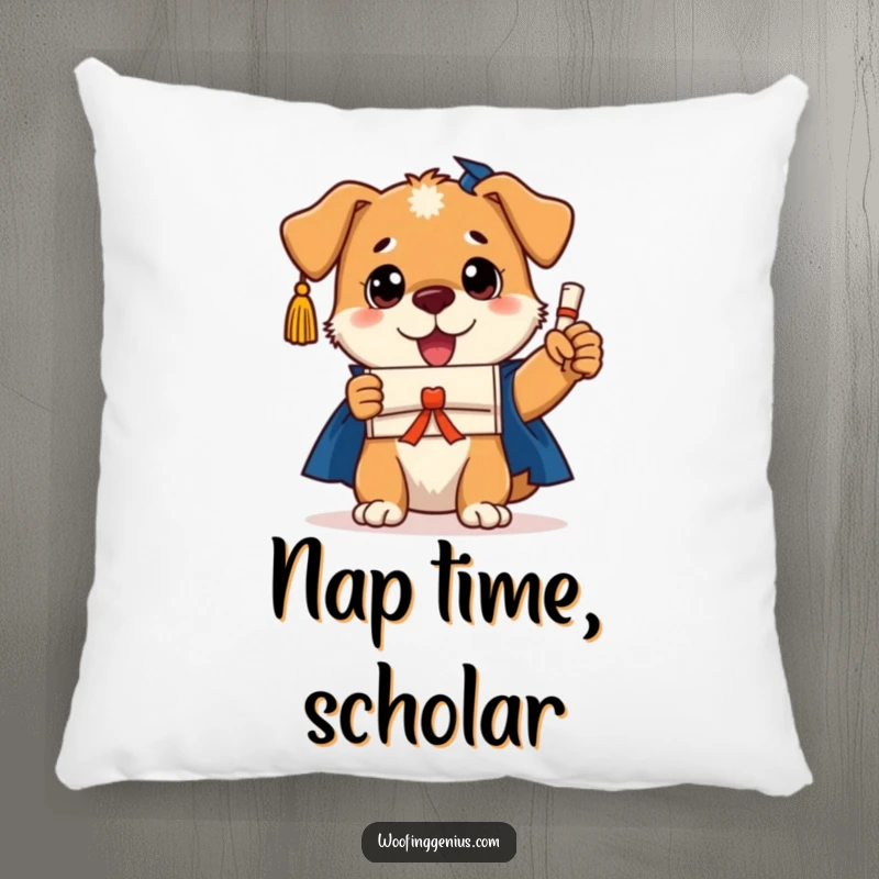 Funny dog graduation pillow featuring a smart dog wearing a graduation cap and holding a tiny diploma, perfect for cozy comfort.