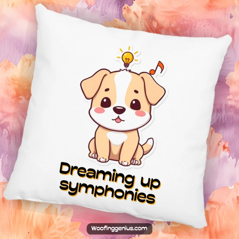 Funny dog pillow with an idea bubble containing a lightbulb and musical note, bringing comfort and creative vibes.