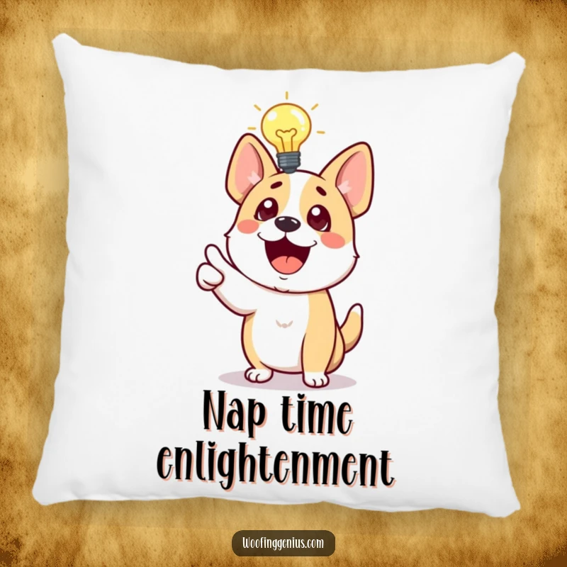 Funny Dog Pillow featuring an excited dog with a lit lightbulb, joyfully pointing, adding a humorous touch to home decor.