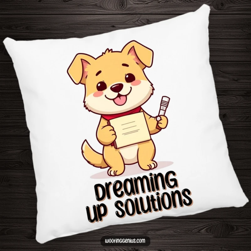 Funny dog sitting proudly with a diploma, a complex invention beside it, soft cushion for a humorous touch.