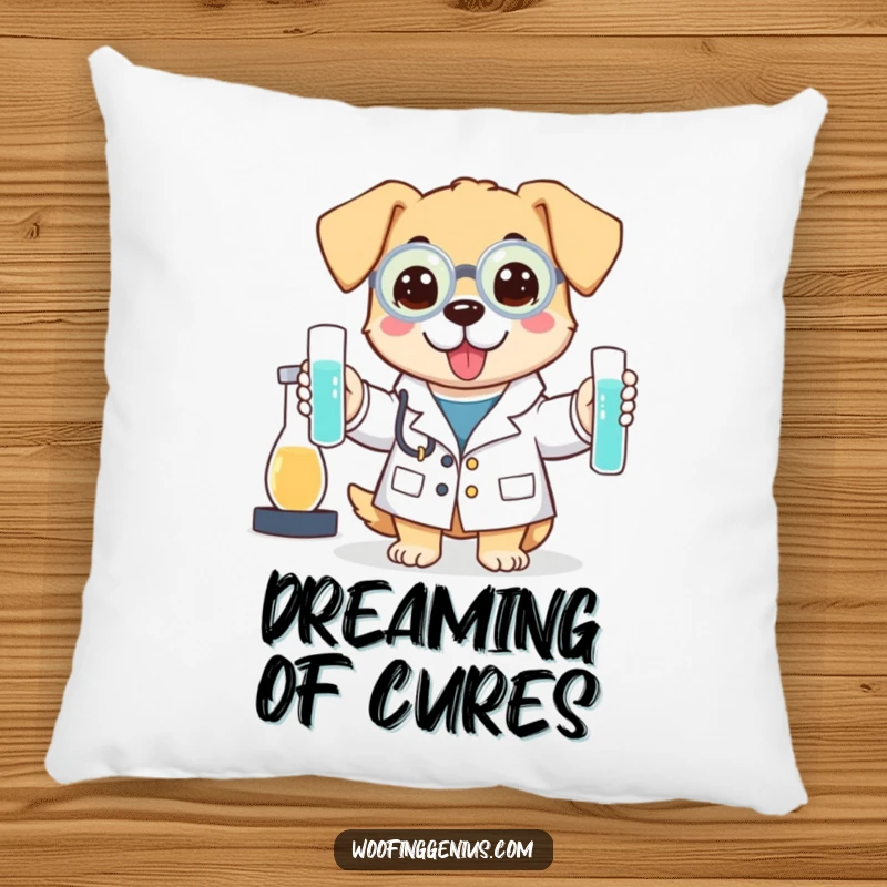 Funny pillow with a cute dog in a lab coat holding test tubes, looking intelligent.