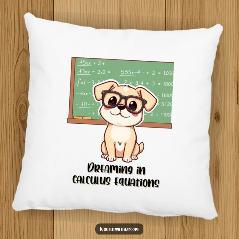 Funny genius dog wearing glasses, deep in thought over equations on a chalkboard, a humorous and cozy accent pillow.