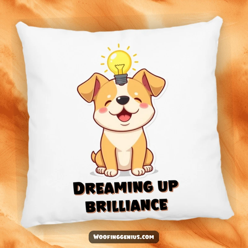 Funny pillow featuring a dog with a glowing lightbulb above its head, perfect for adding a touch of whimsical intelligence to decor.