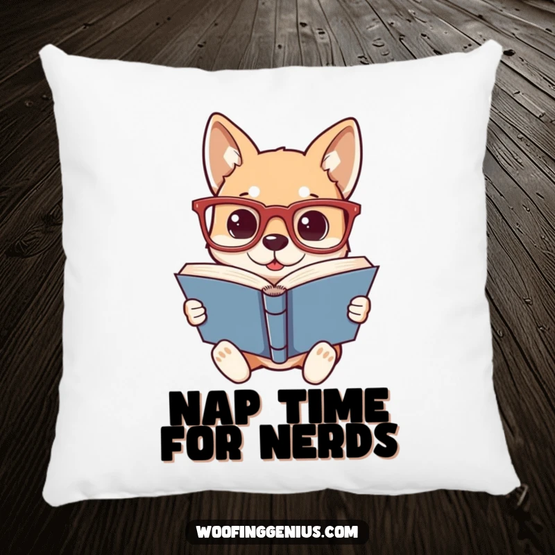Funny pillow featuring an intelligent dog in oversized glasses, engrossed in reading a thick book, adding a touch of wisdom to decor.