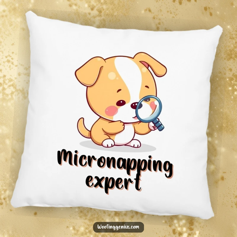 Funny pillow with a dog using a magnifying glass to inspect a tiny object, bringing detective charm to decor.