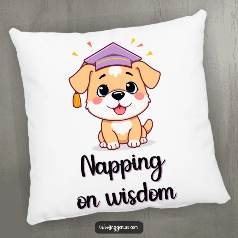 Funny dog wearing a graduation cap, celebrating a bright idea, on a soft pillow, for adding intellectual charm.