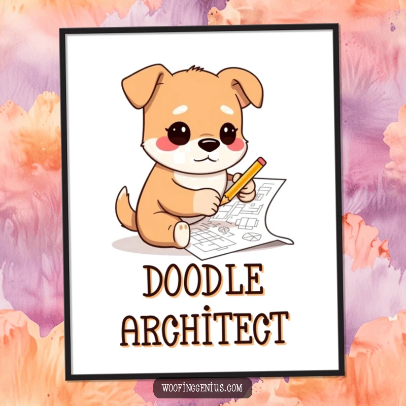 Funny digital art print of a dog wearing glasses and sketching complex blueprints with a tiny pencil, symbolizing innovation, creativity, and meticulous planning.